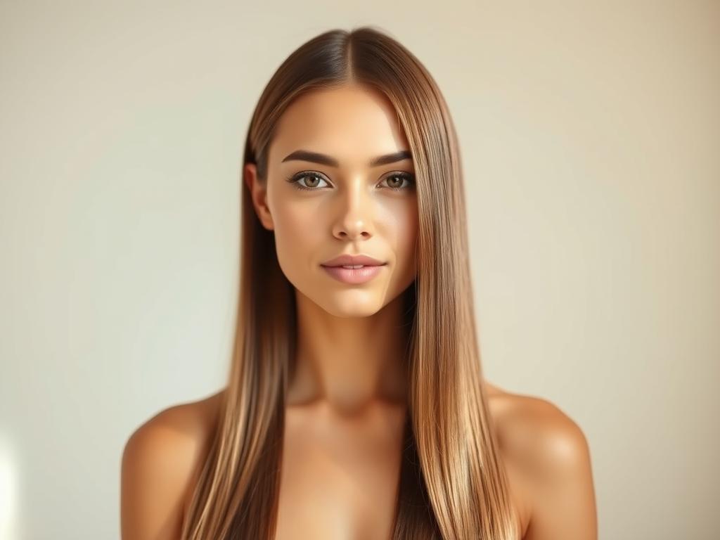 A sleek, glossy-haired woman with perfectly straight, lustrous locks stands against a minimalist backdrop. Soft, natural lighting casts a warm glow, highlighting the smooth, healthy texture of her hair. The hair appears to have been expertly treated, free of frizz or split ends, with a uniform, salon-quality finish. The woman's expression is serene, conveying a sense of confidence and satisfaction with the results of her hair treatment. The overall mood is one of refinement, sophistication, and the transformative power of effective hair care.